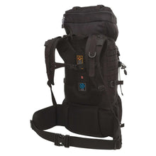 Tactical internal frame backpack with webbing harness, load straps and patch tabs, dark