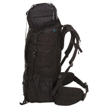 Tactical internal frame backpack with zip compartments and padded shoulder straps, dark fabric