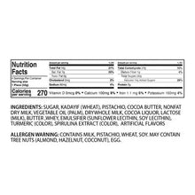 Nutrition facts panel for milk chocolate pistachio bar, 3 servings per container.