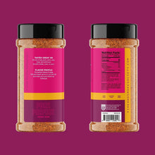 Pork rub seasoning bottle front and back views with product and nutrition label