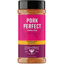 BBQ pork rub seasoning bottle with pink label and black lid