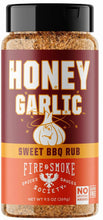 Honey garlic BBQ rub bottle with Honey Garlic label and spice-granule texture