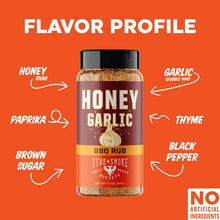 Honey garlic BBQ rub bottle with flavor profile graphic for honey, garlic, thyme, pepper