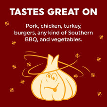 Honey garlic BBQ rub serving graphic for pork, chicken, turkey, burgers, BBQ, and vegetables
