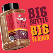 Big bottle BBQ rub label on glittery brown seasoning bottle with black cap