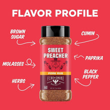 Sweet Preacher pork rub bottle label showing flavor profile: brown sugar, cumin, paprika