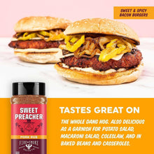 Sweet Preacher BBQ rub bottle with black cap beside burgers