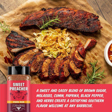 Sweet Preacher BBQ rub bottle with black cap beside smoked ribs and chopped onion