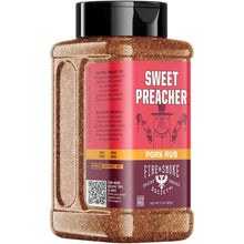 Sweet Preacher BBQ rub bottle with black cap; glittery brown seasoning label