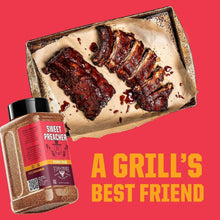 Sweet Preacher BBQ rub bottle with black cap beside grilled ribs on a tray