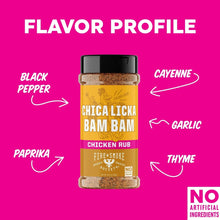 Chicken rub seasoning bottle with flavor profile arrows for spices