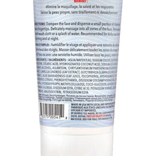 Face cleanser tube back label with barcode and ingredients panel, light blue base