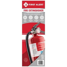 Fire extinguisher product box with red First Alert graphics and extinguisher image
