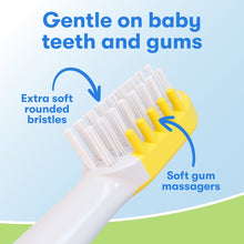 Extra-soft rounded bristles and soft gum massagers on light-up toothbrush.