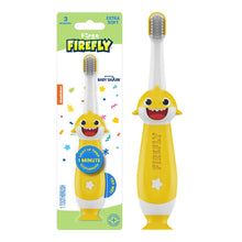Baby Shark light-up kids training toothbrush, soft bristles, yellow handle.