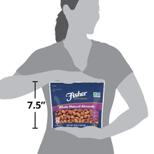 Whole natural almonds bag held in hand with 7.5 in height indicator