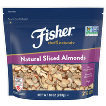 Sliced almonds pouch with Fisher chef's naturals branding and visible nut pieces