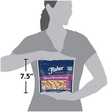 Sliced almonds bag held by person for size reference, 7.5 in height mark