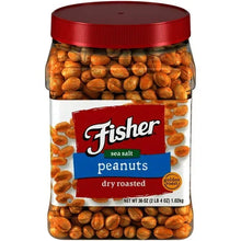 Salted dry roasted peanuts in clear jar with red lid, Fisher label front