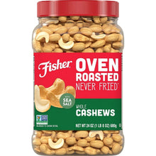 Whole oven-roasted cashews in clear jar with red lid and green label