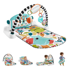 Blue baby kick-and-play piano gym playmat with arched frame and hanging toys