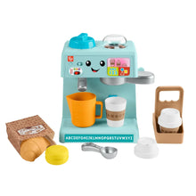 Coffee café electronic toy stand with ABC panel, teal and gray, includes cups