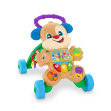 Puppy walker learning toy with smiling puppy face, blue ears and purple handle