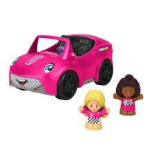 Pink convertible toy car with two seated Little People figures