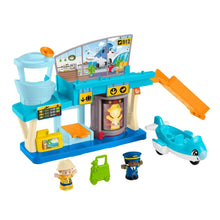 Blue airport toddler playset with jet bridge, security scanner, and three molded figures