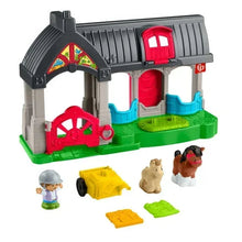 Gray horse stable with red window door, green platform, blue stalls, and 6 included pieces