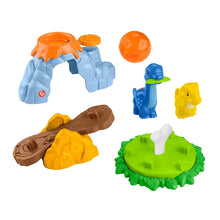 Dinosaur playground playset pieces with orange volcano, blue and yellow dinosaurs, green spinner