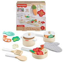 Fisher-Price wooden pots and pans set with 19 play pieces, including utensils and food shapes