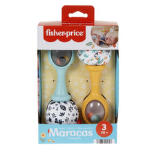 Boxed set of 2 baby rattle maracas with blue and yellow handles and rattling balls.