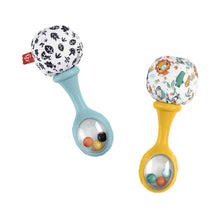 Set of 2 baby rattle maracas: blue and yellow handles with patterned ball tops.