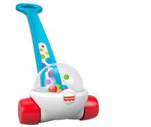Fisher-Price blue push-along corn popper toy with clear ball dome and red wheels