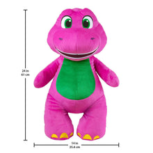 Purple plush dinosaur toy with green belly, wide grin, and bright green eye accents