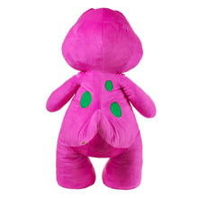 Jumbo purple plush dinosaur with green belly and stitched smile
