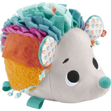 Hedgehog plush sensory toy with teal, orange, and purple textured back and smiling face