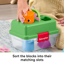 Green tackle box with orange fish-shaped block being sorted into a slot