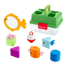 Green Fisher-Price tackle box with fish net and colorful shape blocks