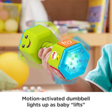 Green and blue musical dumbbell rattle with light-up window and face
