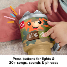 Camo learning coffee mug toy with ABC/123 buttons, gold handle, and gray flip lid
