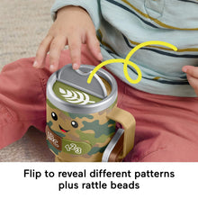 Camo learning coffee mug toy with ABC/123 buttons, flip top, and rattle bead chamber