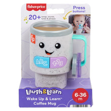 Learning coffee mug toy in white with panda face, ABC/123 buttons, and teal handle