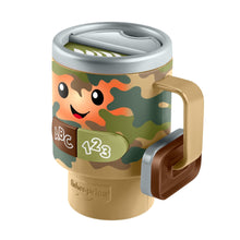Camo learning coffee mug toy with smiling face, ABC/123 buttons, and handle