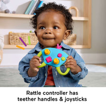 Blue baby rattle controller toy with colorful buttons and green handle