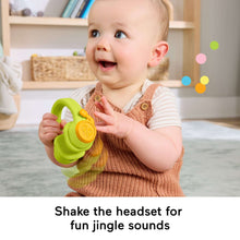 Green and blue baby sensory rattle headset toy with yellow ear cups