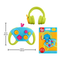 Headset-shaped baby sensory toy with blue button panel and green ear cups, size diagram