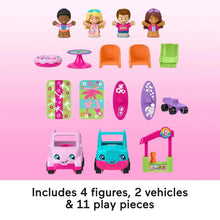 Beach house playset accessories: four figures, two cars, chairs, and surfboard pieces