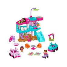 Little People beach house playset with teal slide, pink upper deck, and toy vehicles